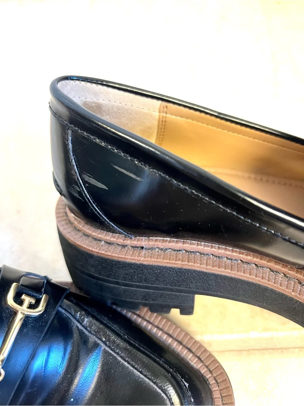 Sam Edelman 5M Penny Black Patent Platform Loafers Gold Bit chunky sole classic